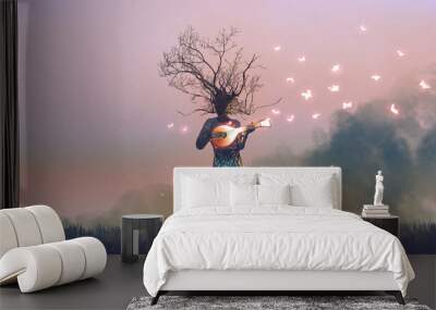 creature with branch head playing magic banjo string instrument with glowing butterflies, digital ar Wall mural