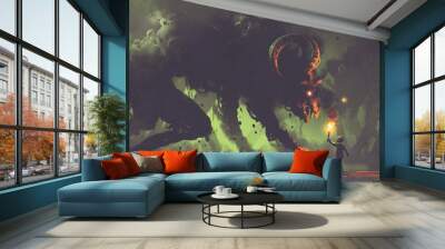 dark fantasy concept showing the boy with a torch facing smoke monsters with demon's horns, digital  Wall mural