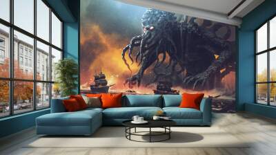 Dark fantasy scene showing Cthulhu the giant sea monster destroying ships, digital art style, illustration painting Wall mural