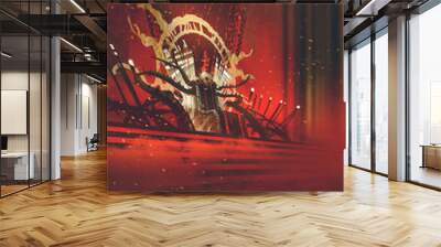 dark fantasy throne with red curtains background,illustration Wall mural