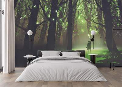 fantasy scene of alone man with torch standing in fairy tale forest,digital art style, illustration painting Wall mural