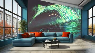 fantasy scenery of man on boat looking at the jumping glowing green whale in the sea, digital art style, illustration painting Wall mural