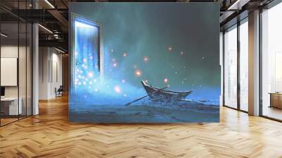 fantasy scenery of the abandoned boat on the shore near the mystery door, digital art style, illustration painting Wall mural