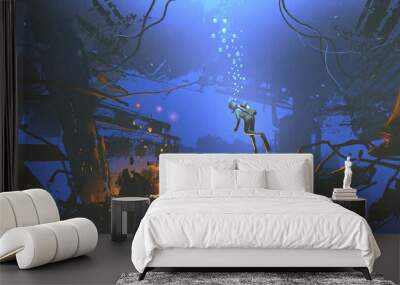 fantasy underwater scene of diver found a mysterious light while diving, digital art style, illustra Wall mural