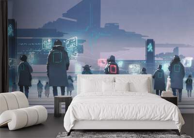 futuristic concept showing crowd of people walking on city street, digital art style, illustration painting Wall mural