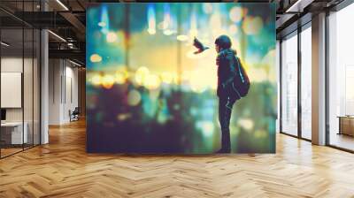 futuristic girl and a bird look each other in the eyes on night city background,illustration paintin Wall mural