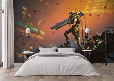 futuristic soldier in yellow suit with gun,illustration painting Wall mural