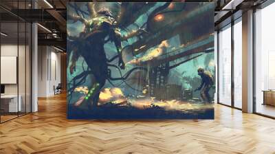 Gas mask man confronting a mutant in an abandoned building, digital art style, illustration painting Wall mural