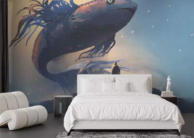 giant fish floating in the sky above man in black cloak, digital art style, illustration painting Wall mural