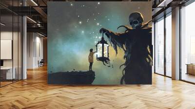 Girl handing a lantern to the watcher, digital art style, illustration painting Wall mural