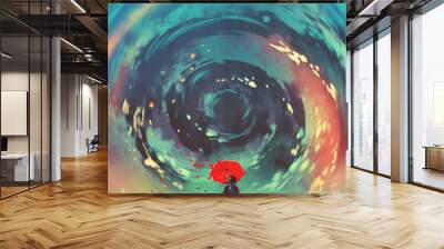 girl with red umbrella makes a swirling water in the sky, digital art style, illustration painting Wall mural