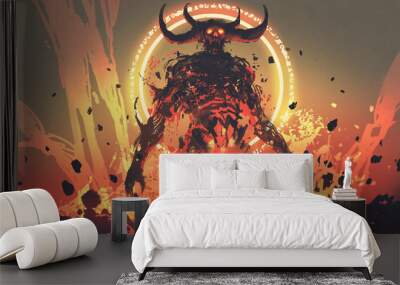 knight with a sword facing the lava demon in hell, digital art style, illustration painting Wall mural