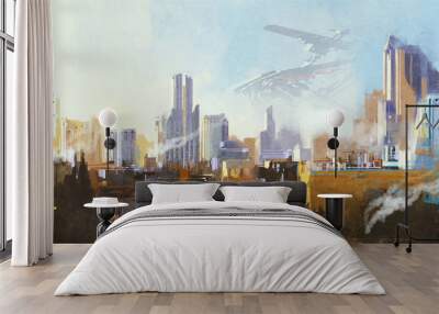 landscape digital painting of futuristic sci-fi city with skyscraper,illustration Wall mural