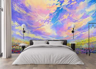 landscape painting,colorful flowers in field under beautiful clouds Wall mural