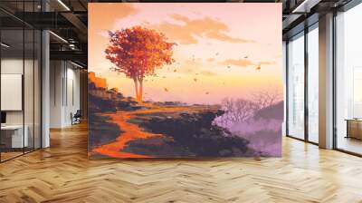 landscape painting of melting autumn tree on top of the mountain Wall mural