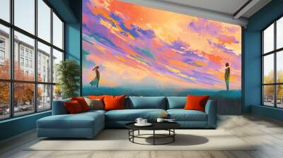 man and woman standing opposite of each other against colorful sky,illustration painting Wall mural