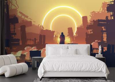 man in the dystopian city standing on building looking at the distant light circles, vector illustration Wall mural