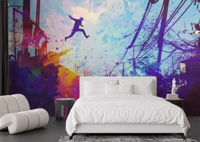 man jumping on the roof in city with abstract grunge,illustration painting Wall mural