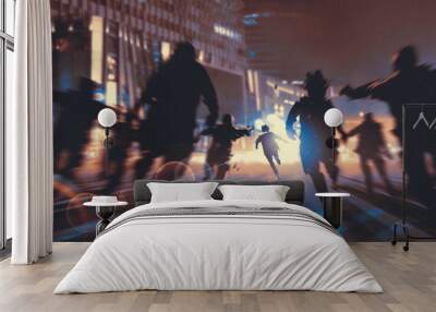 man running away from zombies in night city,illustration,digital painting Wall mural