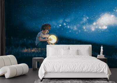 night scene showing young boy with a little moon in his hands sitting on meadow, digital art style,  Wall mural