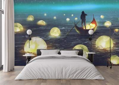 night scenery of a man rowing a boat among many glowing moons floating on the sea, digital art style, illustration painting Wall mural