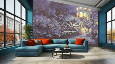 night scenery of snowy winter alley in the park with christmas lights on trees,illustration painting Wall mural