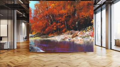 river in the autumn forest,landscape painting Wall mural