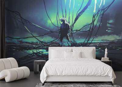 scene of futuristic man with many black cables against dark factory, digital art style, illustration Wall mural