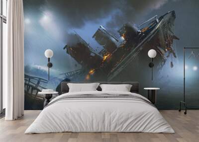 scene of man escape a sinking ship in rainy night, digital art style, illustration painting Wall mural