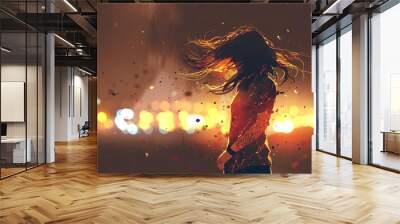 scene of woman with cracked effect on her body against defocused lights, digital art style, illustration painting Wall mural