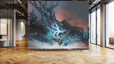 sci-fi concept showing a cyborg male recovering energy, digital art style, illustration painting Wall mural