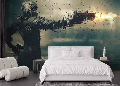 sci-fi gaming character in futuristic suit aiming weapon,shooting gun,illustration Wall mural