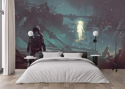 sci-fi scene of the futuristic man facing the glowing girl in abandoned planet, digital art style, illustration painting Wall mural