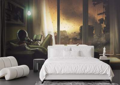 self-quarantine concept, a girl with wearing a gas mask lying on the sofa reading a book in her room, digital art style, illustration painting Wall mural