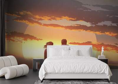 silhouette of a young couple sitting on a rock looking at the sunset, digital art style, illustration painting Wall mural