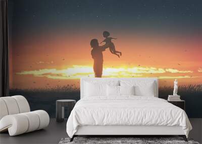 silhouette of the father carring his daughter up at sunset, digital art style, illustration painting Wall mural