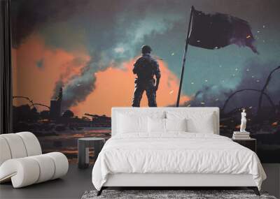 soldier standing alone after the war in battlefield, digital art style, illustration painting Wall mural