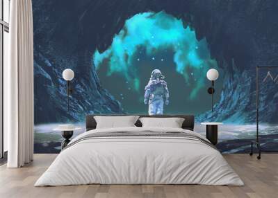 spaceman standing at the entrance of the cave, digital art style, illustration painting Wall mural