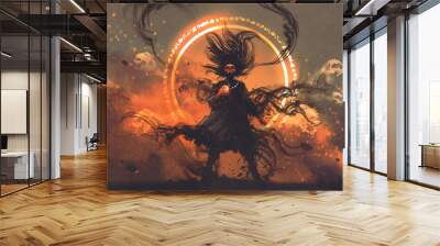 the angry sorcerer of evil spirits holds a magic gem cast a spell, digital art style, illustration painting Wall mural