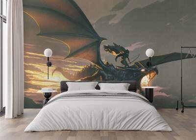 the black knight riding the dragon flying in the sunset sky, digital art style, illustration painting Wall mural