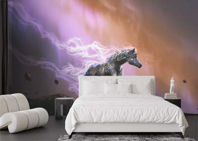 The magic horse standing alone against the colorful night sky, digital art style, illustration painting Wall mural