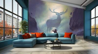 the man with a magic lantern facing the giant deer in a mysterious valley, digital art style, illustration painting Wall mural