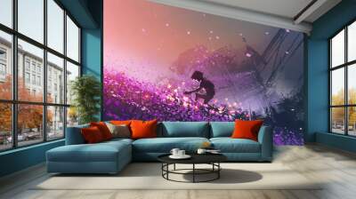 the robot sitting on purple field playing with glowing butterflies, digital art style, illustration  Wall mural