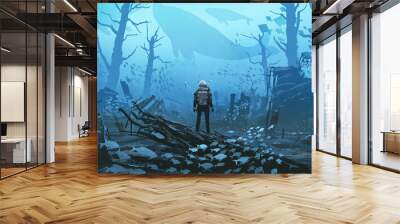 under water scene of the futuristic diver standing in a submerged town, digital art style, illustration painting Wall mural