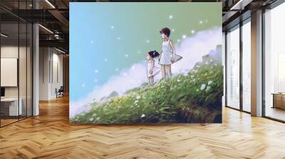 Waiting for you in a beautiful place. Woman and her child standing on the meadow looking forward at the horizon, digital art style, illustration painting Wall mural