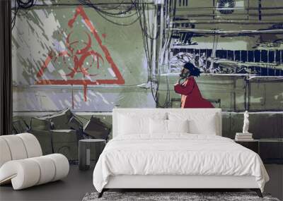 woman in red with gas mask walking on street in polluted urban with biohazard symbol on the wall, di Wall mural