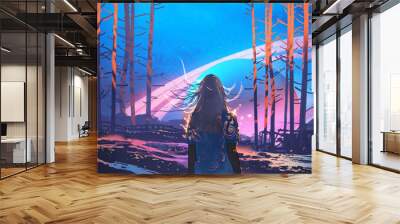 woman standing alone in forest with fictional planets background, digital art style, illustration pa Wall mural