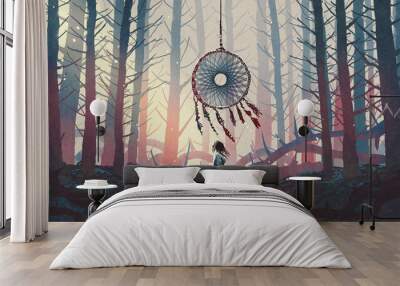 woman standing and looking at the dreamcatcher hanging from the trees in the mysterious forest, digital art style, illustration painting Wall mural