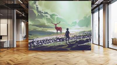 young girl faced with a red deer on a green hill, digital art style, illustration painting Wall mural