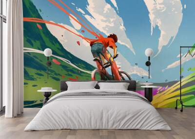 young man riding a bicycle with a colorful energy, digital art style, illustration painting Wall mural